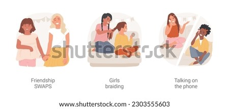Best friends isolated cartoon vector illustration set. Friendship SWAPS, kids swapping DIY craft, girls braiding each other, braid hairstyle, talking on the phone in bedroom vector cartoon.
