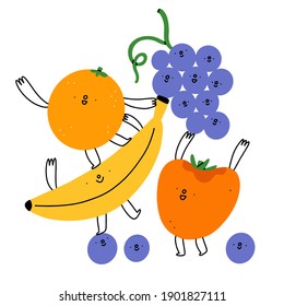 Best friends, joyful cartoon fruits characters, vector illustration isolated on white background