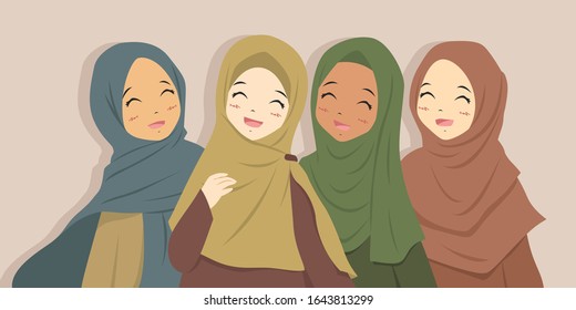 Best Friends Laughing Together. Happy Muslim Ladies In Colorful Hijab, Vector Characters.