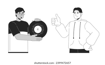 Best friends male retro enthusiasts diverse 2D linear cartoon characters. Arab guy eyeglasses, asian man isolated line vector people white background. Vinyl nostalgia color flat spot illustration