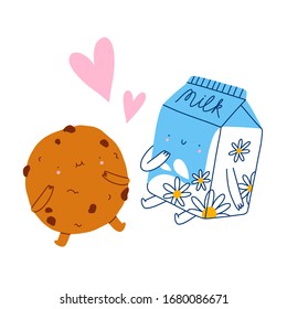 Best friends, milk and cookie, cartoon vector characters