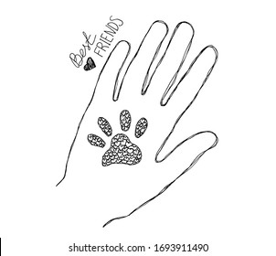 best friends on white background. hand drawn Vector illustration modern paw hold hand  icon. Hand and pet dog paw.