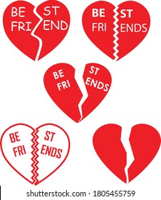 Best Friends On White Background. Broken Heart Sign. Friends Split Heart Symbol. Valentine's Day Greeting Card. Flat Style.