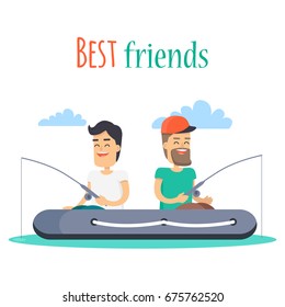 Best friends outdoor leisure concept. Two smiling men fishing on inflatable boat flat vector on white background. Happy fellows enjoy joint hobby cartoon illustration for friendship day concept design