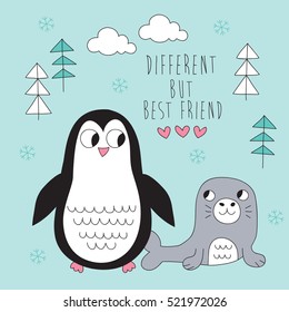 best friends penguin and seal vector illustration