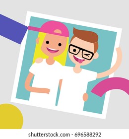 Best friends photo frame. Two young friends hugging each other. Flat editable vector illustration, clip art