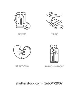 Best friends pixel perfect linear icons set. Customizable thin line contour symbols. Pastime, trust, forgiveness and friends support. Isolated vector outline illustrations. Editable stroke