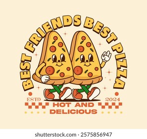 Best friends pizza mascot character design in retro style, perfect for t-shirts, streetwear, stickers, posters, print apparel, and more