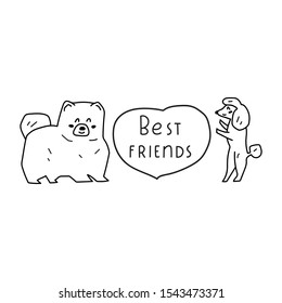 Best friends. Poodle and chow chow. Vector illustration for greeting card, t shirt, sticker, poster design on white background.