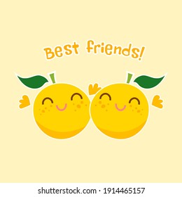 Best friends postcard with cute oranges smiling, hug, kawaii vegetable drawing. For kids, children greeting card. Vector illustration on light background. 