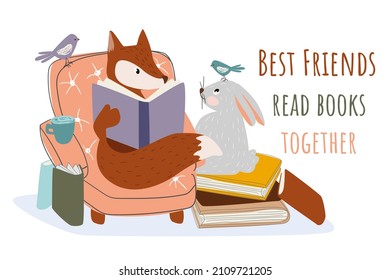 Best friends read books together concept background. Fox reads sitting in chair, rabbit sits on stack of books. Cute animals loves literature and learning. Vector illustration in flat cartoon design