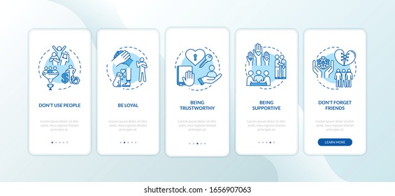 Best friends relationship onboarding mobile app page screen with concepts. Personal values. Virtues walkthrough 5 steps graphic instructions. UI vector template with RGB color illustrations
