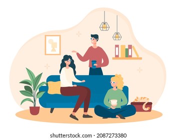 Best friends in room. Characters communicate in apartment, cozy home atmosphere, people with mugs of tea or coffee in their hands. Party, comfort, interior, plant. Cartoon flat vector illustration