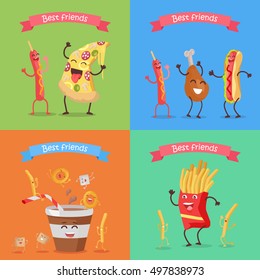 Best friends sausage pizza chicken hot dog soda cola fries cartoon characters. Funny food for childish menu conceptual banner. Meal having fun concept. Dancing happy meal. Vector design illustration