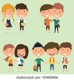 Best friends school boys and girls standing together. Joyful classmates hugging. Vector collection of kids characters. Cute pupils set.
