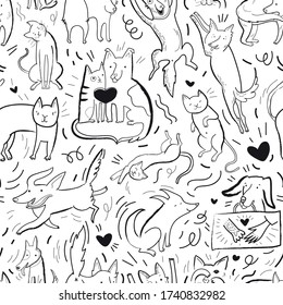 Best friends: seamless vector pattern with drawn funny cats and dogs in different poses and emotions. Black contour background pattern with hand drawn elements.