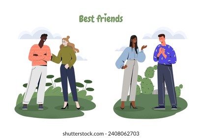 Best friends set. Men and women communicate with each other. Good relations betwwen young guys and girls. Positive feelings and emotions. Cartoon flat vector collection isolated on white background