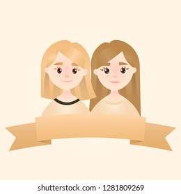 Best friends or sisters or couple, young girl students together, female friendship. Vector illustration.