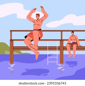 Best friends spend time together at summer holiday, fun beach vacation. Young man diving, jumping from wooden pier into lake, sea water. Funny leisure in travel with bro. Flat vector illustration