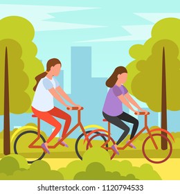 Best friends summer holidays vacation outdoor activity orthogonal composition  with girls cycling in park together vector illustration 