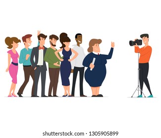 best friends take a group picture. a young man takes pictures of his friends on camera. Vector illustration isolated on a white background.