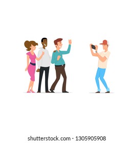 best friends take a group picture. a young man takes pictures of his friends on the camera. Vector illustration isolated on a white background.