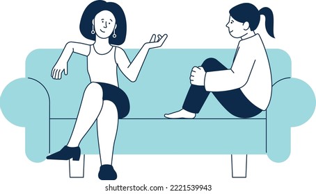 Best friends talking on couch. Women spend time together