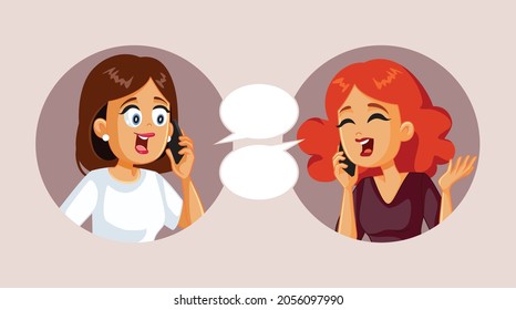 Best Friends Talking on the Phone Vector Cartoon. Women talking on the phone celebrating friendship chatting happily
