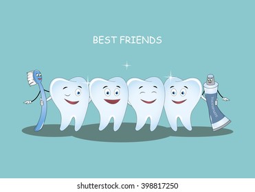 Best Friends teeth. Vector illustration. Illustration for children dentistry and orthodontics. Image toothbrush, tooth paste and tooth. Happy healthy teeth.