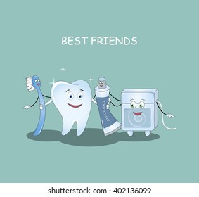 Best Friends teeth. Vector illustration. Illustration for children dentistry and orthodontics. Image toothbrush, tooth paste , dental floss and tooth