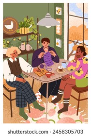 Best friends time at home. Cozy gathering with girlfriends, sitting at kitchen table with tea, chatting, talking. Women, girls relaxing, resting at hygge teatime, card. Flat vector illustration