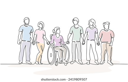 Best Friends together with disabled one. Group of people hold hands. Continuous one line drawing with color spots. Vector illustration. Hand drawn art