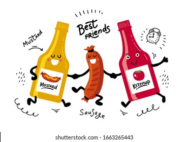 Best friends. Tomato Ketchup, sausage grill and mustard Lettering. Hand drawn vector flat cartoon illustration on isolated white background. Vector concept, template. Yellow classic sauce in a bottle