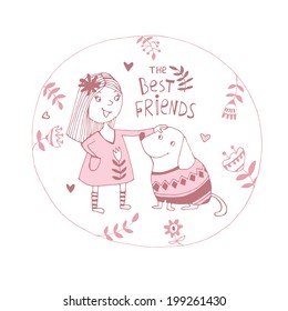 Best Friends: Vector illustration of a little girl and her dog 