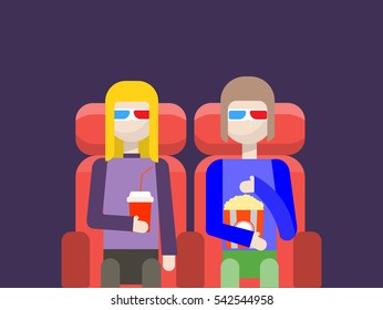 Best friends watch movie at the cinema using 3D glasses. Girl sitting in the cinema chair eats popcorn, drinks fast food soda drink in the plastic cup