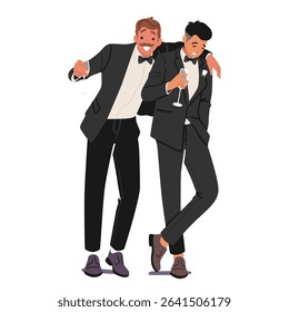Best friends wearing festive suit with glass of champagne drink standing together hugging and laughing during participating in wedding ceremony or anniversary birthday party vector illustration
