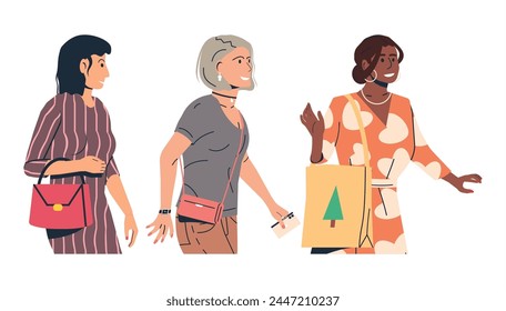 Best Friends Women from Different Ethnicities Going Shopping. Smiling Girlfriends with Bags. Stylish Girl in Summer Dress Isolated. Smiling Female Group in Casual Clothes. Flat Vector Illustration