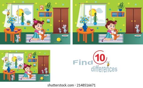 Best friends:a girl and a cat. Find ten differences, a children's educational game.