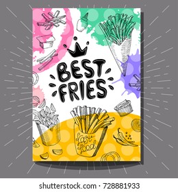 Best fries colorful cafe poster. Bright Cool food sketches composition. Fast food labels. Fries, french fries, potato. Hand drawn vector illustration.