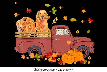 bester lustiger Golden Retriever Pumping Truck Hallo Herbstvektordesign