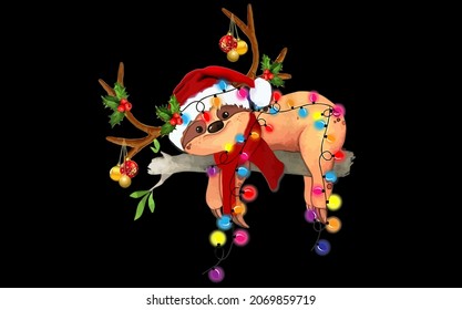 best funny sloth gorgeous reindeer Light Christmas Love  vector design