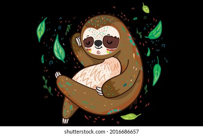 best funny Sloth with leaf vector design