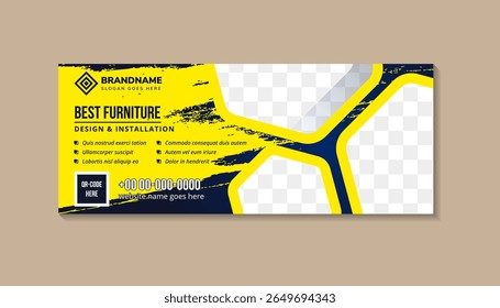 the best Furniture, interior and exterior Sale Web Banner Design. combination gradient blue and yellow grunge brush shape with hexagon frame for photo collage. horizontal layout illustration design