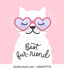 Best furriend cute card vector illustration. Colorful template with white cat in heart-shaped glasses and inspirational lettering for design print t-shirt or postcard. Isolated on pink
