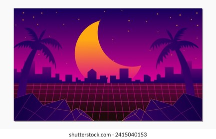 Best Futuristic Retro Landscape of 1980 with Crescent moon,Vector illustration