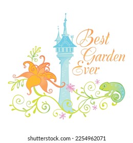 Best garden ever badge illustration with palace castle and fairytale princess design