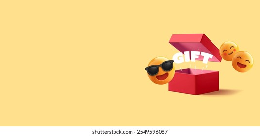 Best gift. 3D open red box, cheerful emoji characters, 3D. For concepts of greetings and gifts for birthdays, celebration of events, and anniversaries. Vector illustration.