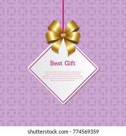 Best gift cover design golden bow hanging on thread, place for text in square white frame isolated on background with violet geometric figures vector