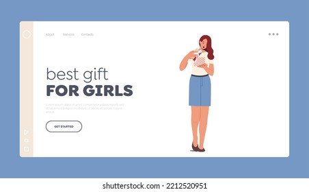 Best Gift for Girls Landing Page Template. Happy Woman Open Gift Box Wrapped with Festive Bow. Surprised Female Character Receive Present on Holidays Celebration. Cartoon Vector Illustration
