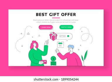 Best gift offer landing page banner template. Chartoon male character shop assistant offering present to female customer paying for purchases with credit card. Flat style illustration